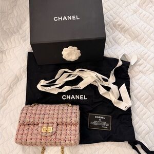 Chanel 2.55 Reissue mini flap bag in pink tweed with gold-tone hardware